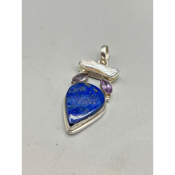Teardrop Gemstone Pendant Lapis Lazuli Amethyst & Pearl Sterling Silver 925 - Picture 3 of 6